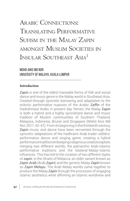 Arabic Connections: Translating Performative Sufism in the Malay Zapin Amongst Muslim Societies in Insular Southeast Asia1