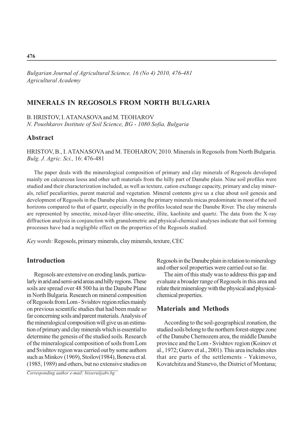 MINERALS in REGOSOLS from NORTH BULGARIA Abstract Introduction Materials and Methods