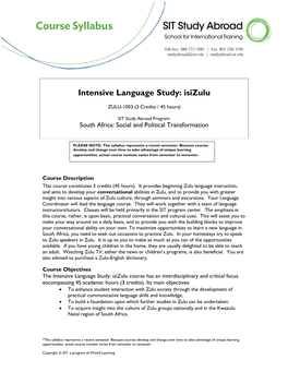 Intensive Language Study: Isizulu