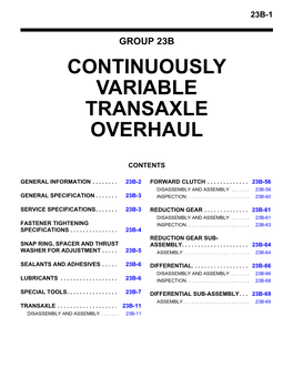 Continuously Variable Transaxle Overhaul
