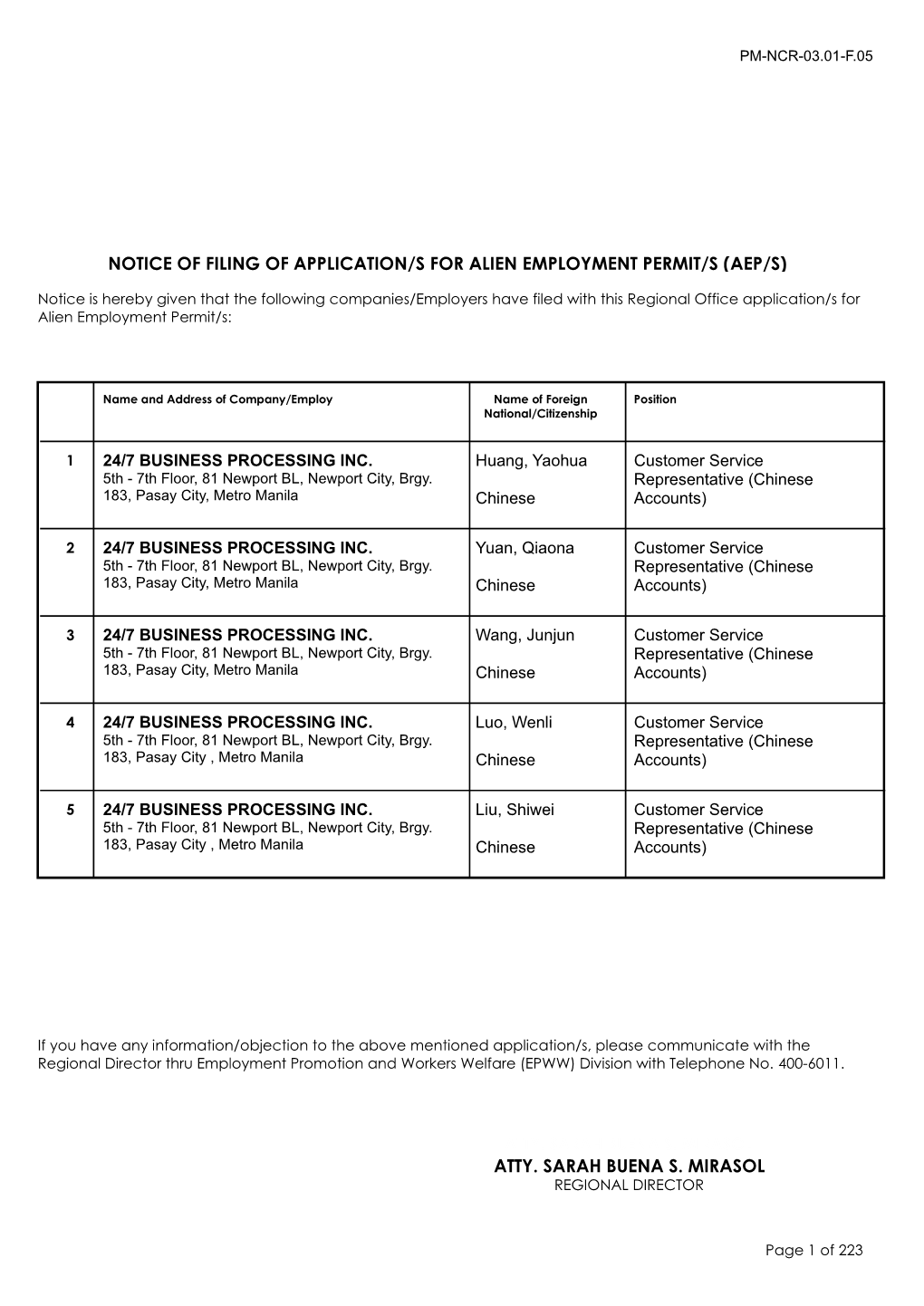 Notice of Filing of Application/S for Alien Employment Permit/S (Aep/S)