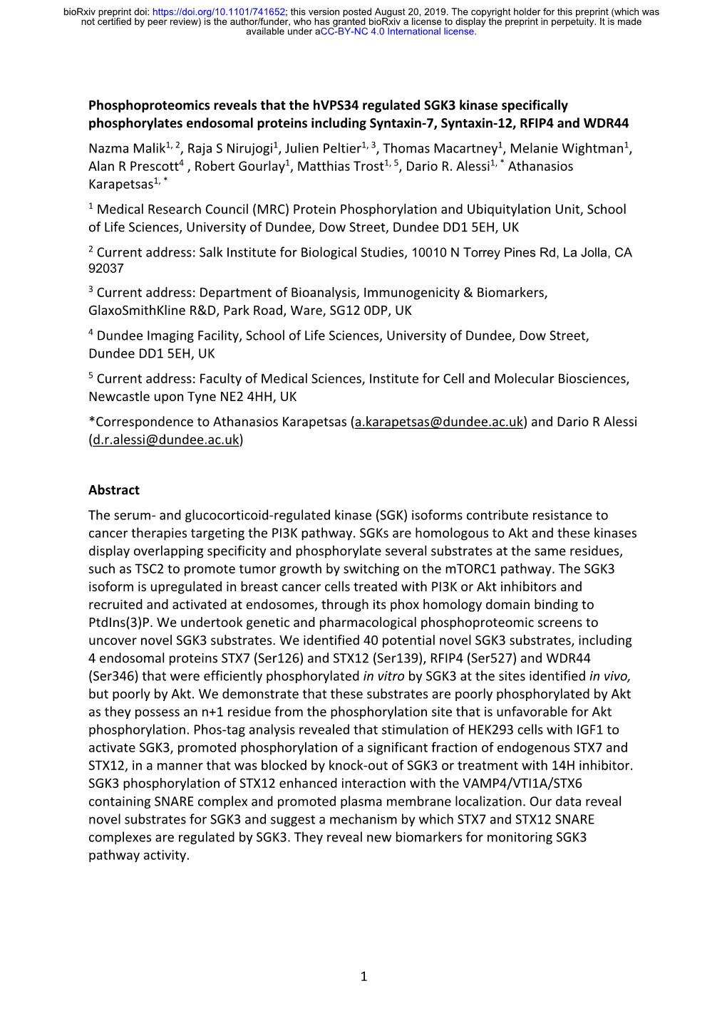 1 Phosphoproteomics Reveals That the Hvps34 Regulated SGK3 Kinase