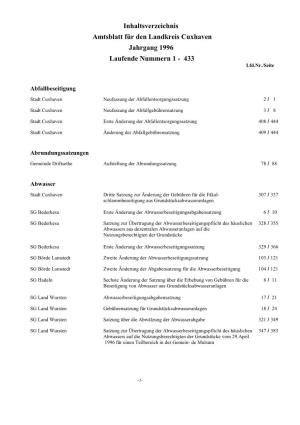 Amtsblatt Für Den Landkreis Cuxhaven Jahrgang 1996 Laufende Nummern 1 - 433 Lfd.Nr./Seite