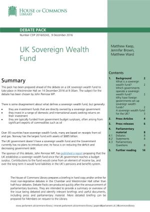 UK Sovereign Wealth Fund to Which Governments Take Place in Westminster Hall on 14 December 2016 at 9:30Am