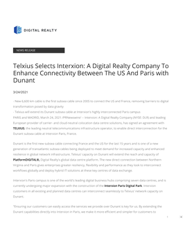 Telxius Selects Interxion: a Digital Realty Company to Enhance Connectivity Between the US and Paris with Dunant