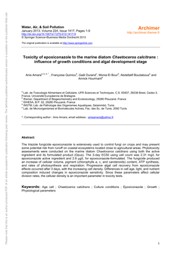 Toxicity of Epoxiconazole to the Marine Diatom Chaetoceros Calcitrans