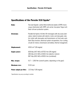 Specifications of the Porsche 918 Spyder*