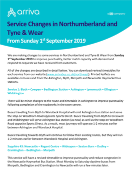 Service Changes in Northumberland and Tyne & Wear from Sunday 1St September 2019