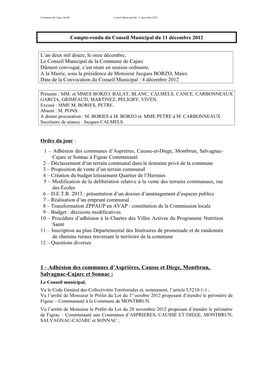Compte-Rendu Du Conseil Municipal Du 11 Seprembre 2012