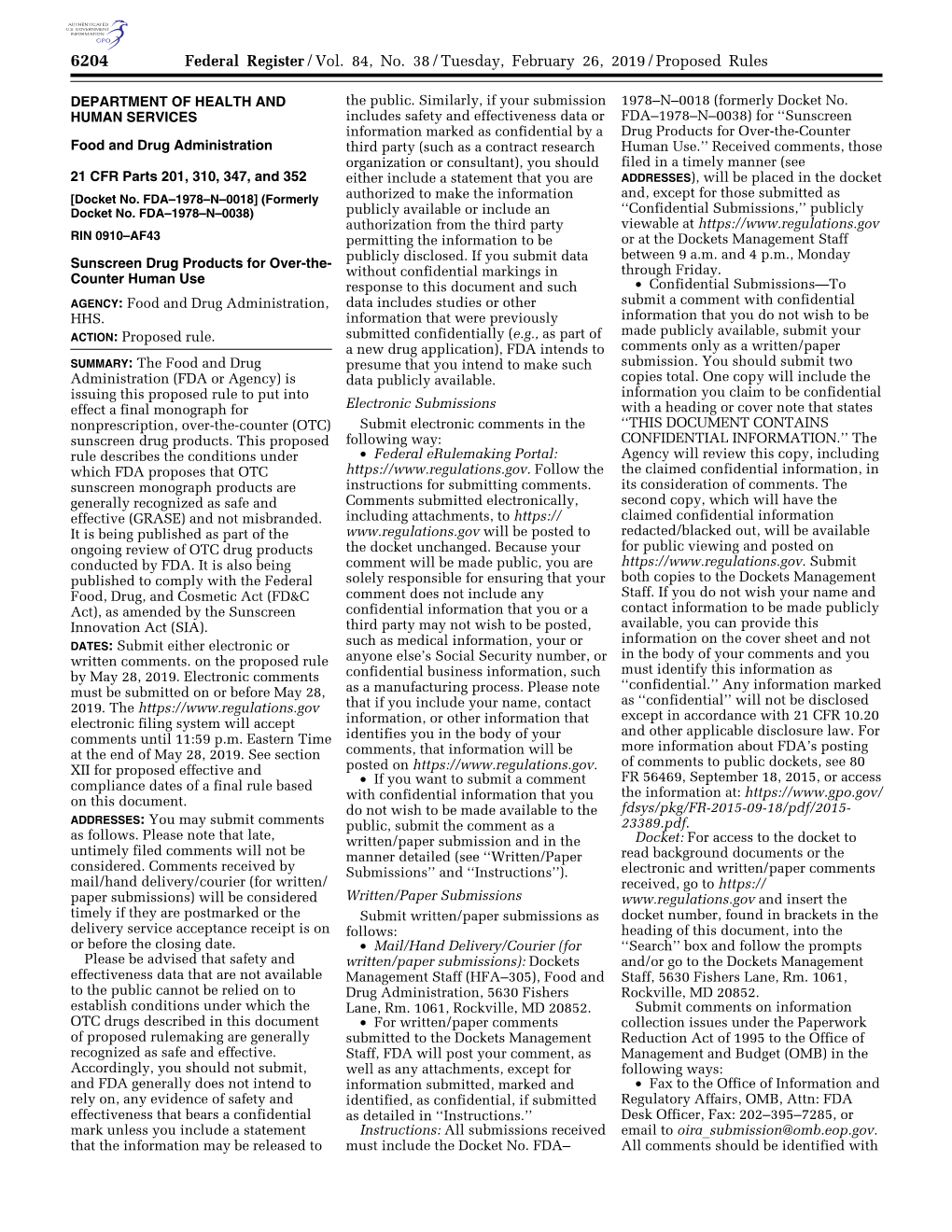 Federal Register/Vol. 84, No. 38/Tuesday, February 26, 2019