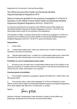 Notice of Measures Specified for the Purposes of Paragraph 31 of Part 6