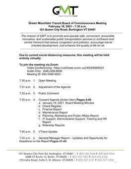 Green Mountain Transit Board of Commissioners Meeting February 16, 2021 - 7:30 A.M