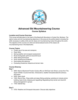 Advanced Ski Mountaineering Course Course Syllabus