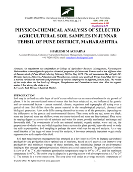 Physico-Chemical Analysis of Selected Agricultural Soil Samples in Junnar Tehsil of Pune District, Maharashtra