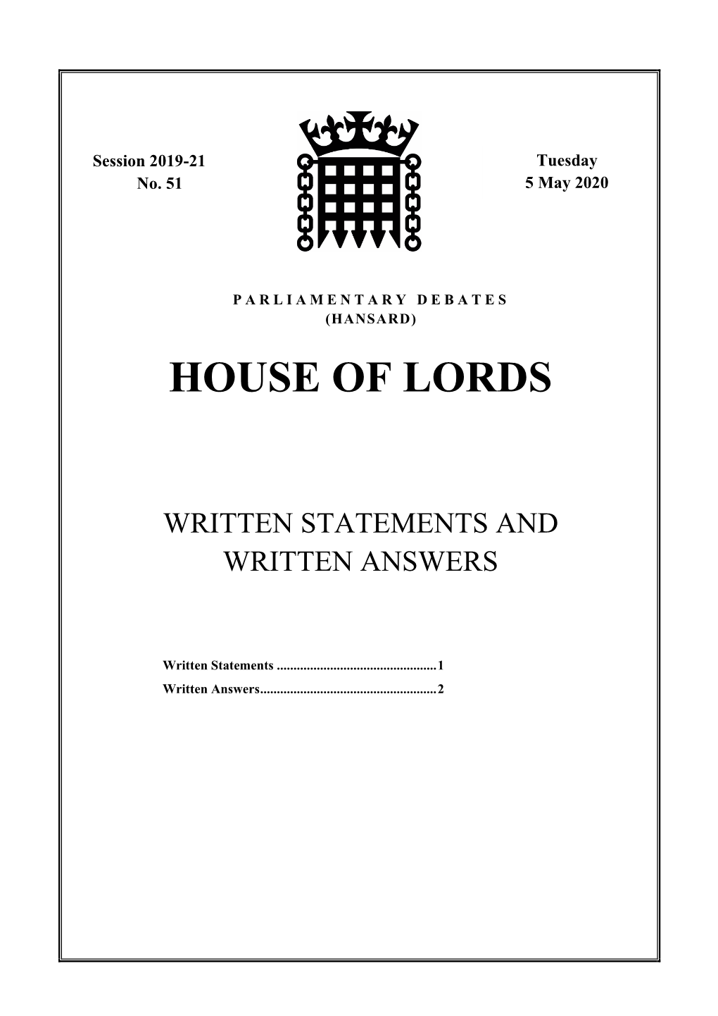 House of Lords Written Answers and Statements