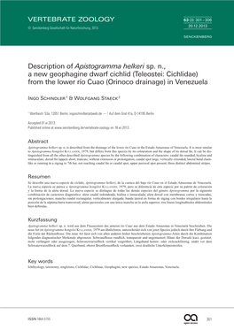 Description of Apistogramma Helkeri Sp. N., a New Geophagine Dwarf Cichlid (Teleostei: Cichlidae) from the Lower Río Cuao (Orinoco Drainage) in Venezuela
