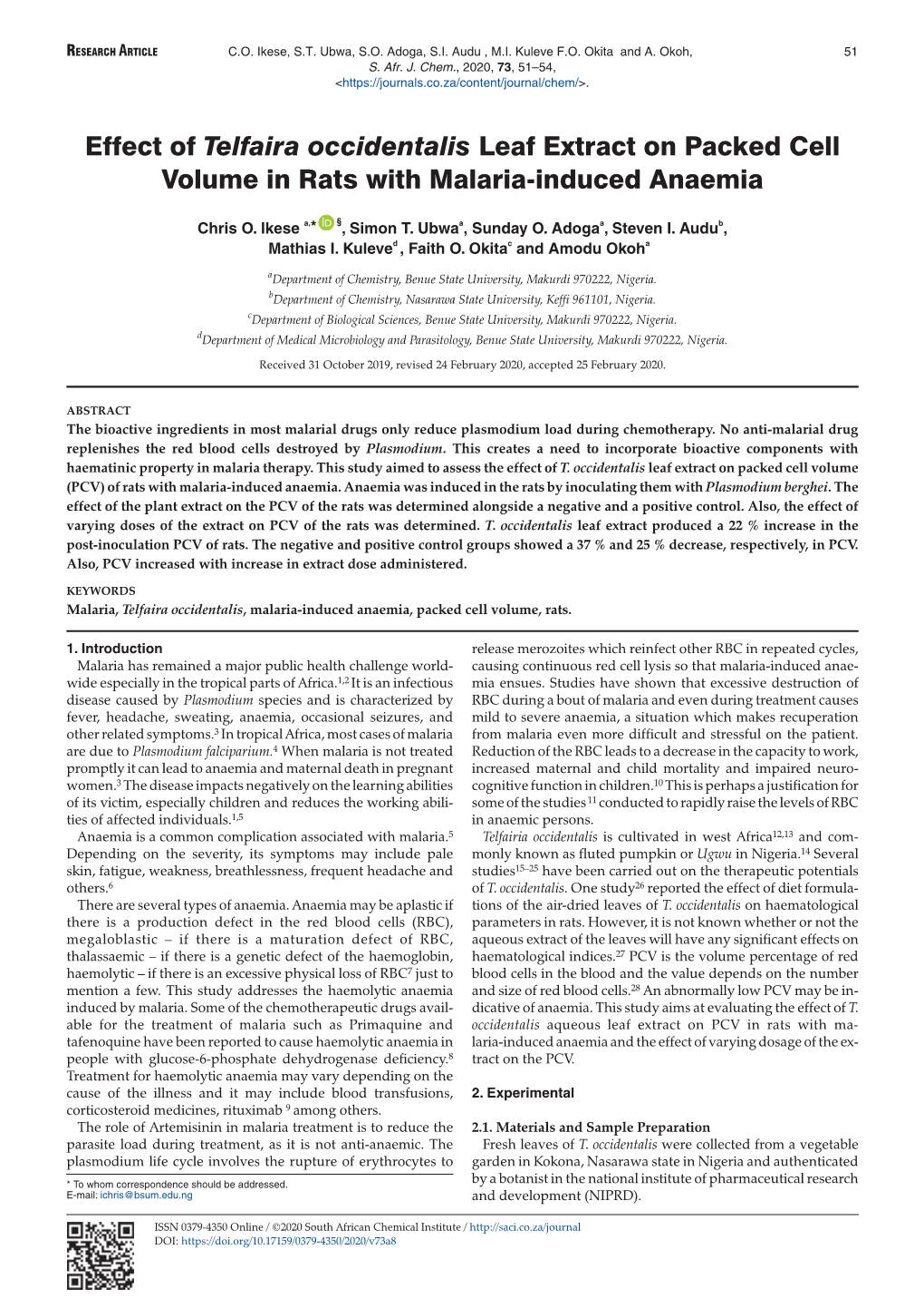 Effect of Telfaira Occidentalis Leaf Extract on Packed Cell Volume in Rats with Malaria-Induced Anaemia