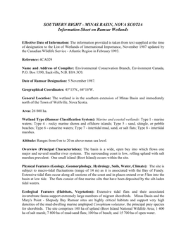 SOUTHERN BIGHT - MINAS BASIN, NOVA SCOTIA Information Sheet on Ramsar Wetlands