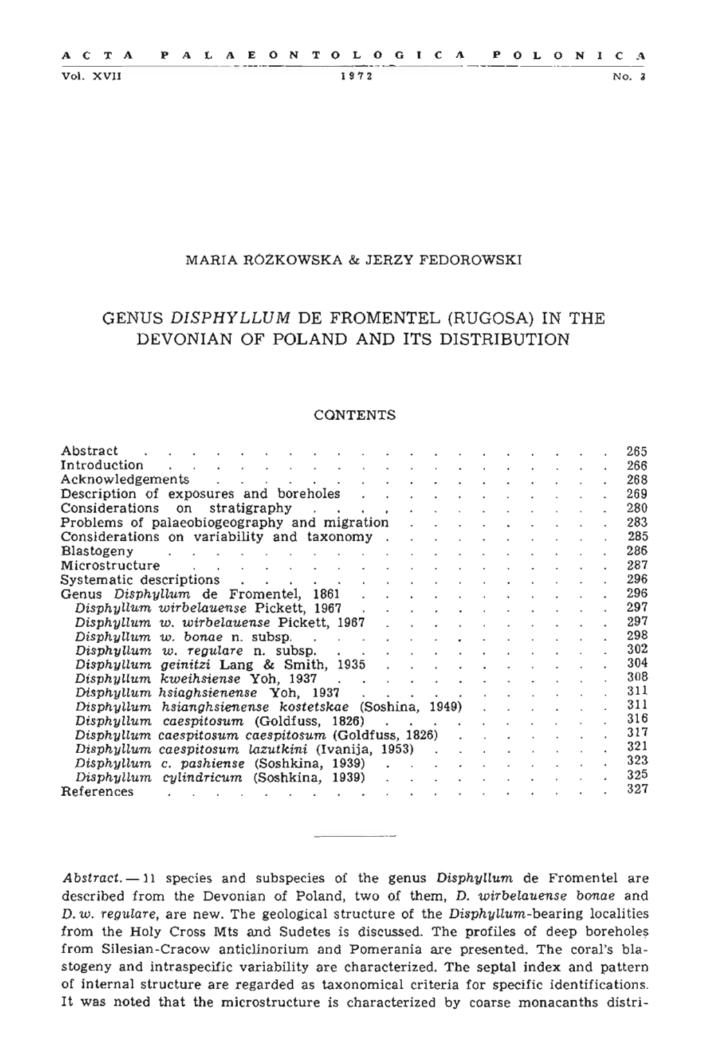 Genus Disphyllum De Fromentel (Rugosa) in the Devonian of Poland and Its Distribution