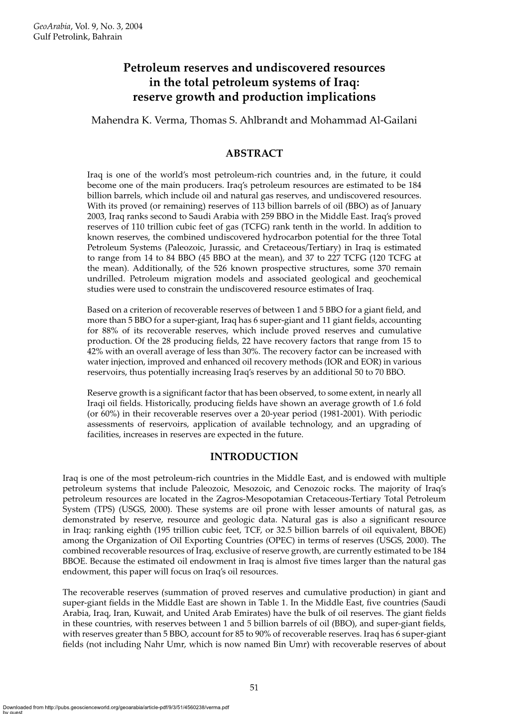 Petroleum Reserves and Undiscovered Resources in the Total Petroleum Systems of Iraq: Reserve Growth and Production Implications