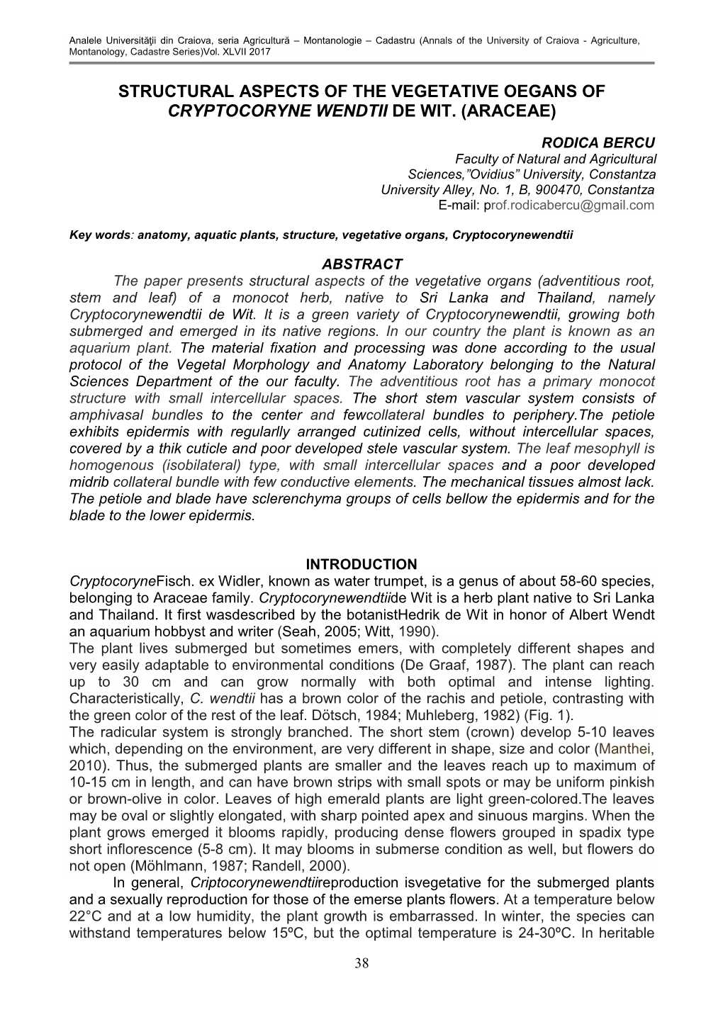 Structural Aspects of the Vegetative Oegans of Cryptocoryne Wendtii De Wit