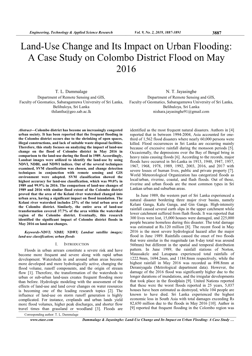 Land-Use Change and Its Impact on Urban Flooding: a Case Study on Colombo District Flood on May 2016