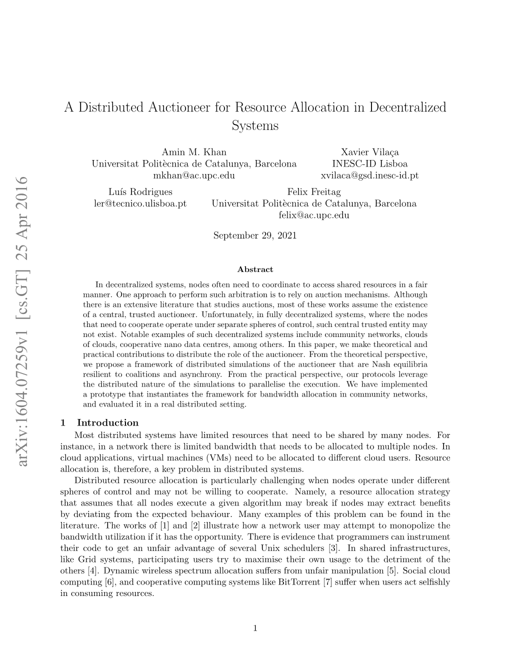 A Distributed Auctioneer for Resource Allocation in Decentralized Systems