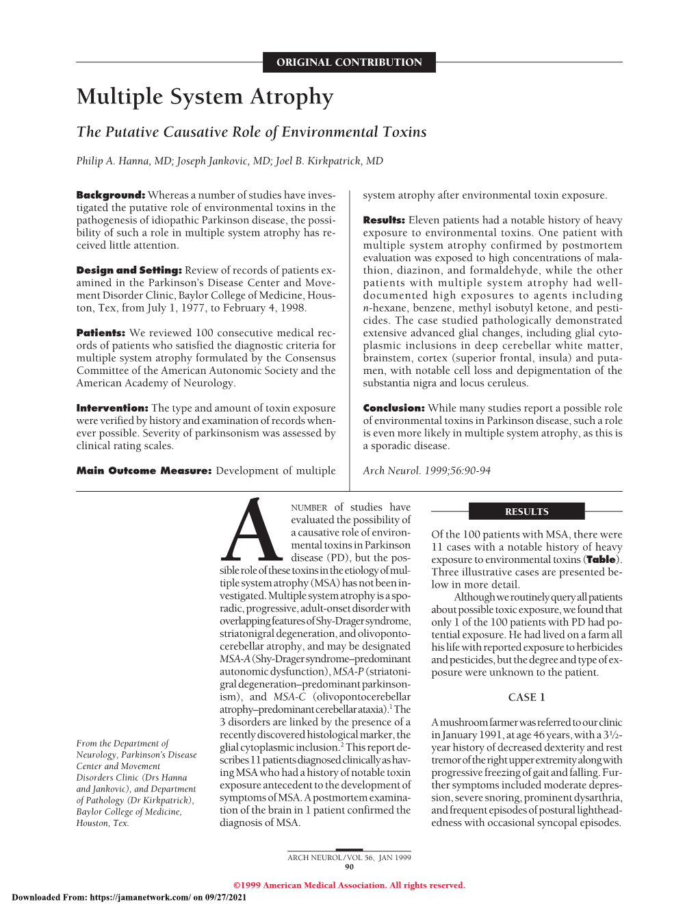 Multiple System Atrophy the Putative Causative Role of Environmental Toxins