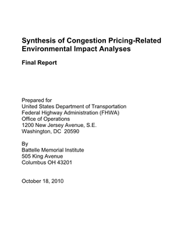 Synthesis of Congestion Pricing-Related Environmental Impact Analyses