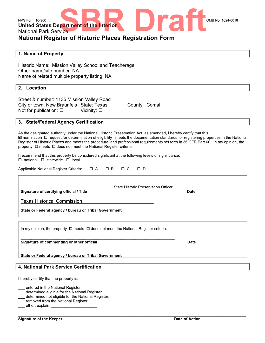 National Register of Historic Places REGISTRATION FORM NPS Form 10-900 OMB No