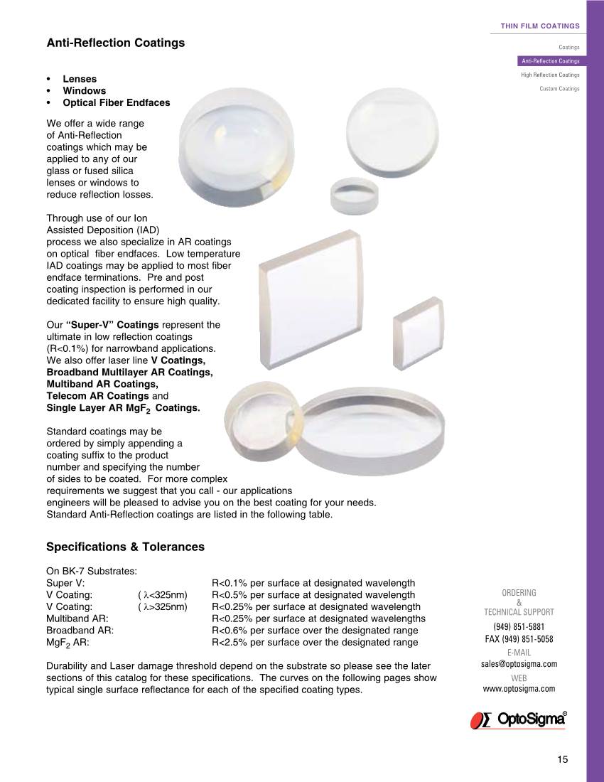 Specifications & Tolerances Anti-Reflection Coatings