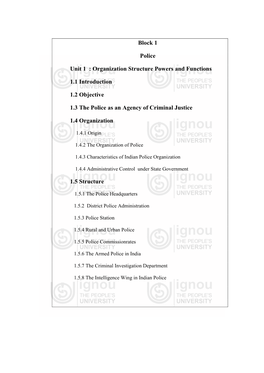 Organization Structure Powers and Functions 1.1 Introduction 1.2 Objective 1.3 the Police As an Agency