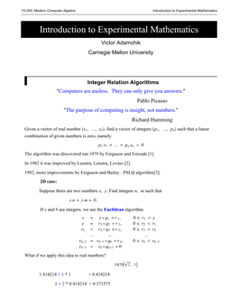 Introduction to Experimental Mathematics