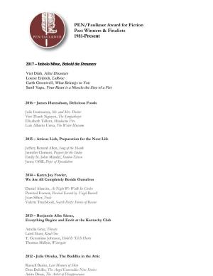 PEN/Faulkner Award for Fiction Past Winners & Finalists 1981-Present