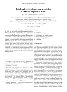 Indoleamine 2, 3-Dioxygenase Regulation of Immune Response (Review)