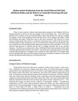Hydrocarbon Production from the South Ellwood Oil Field (Platform Holly) and the Effects on Naturally Occurring Oil and Gas Seeps