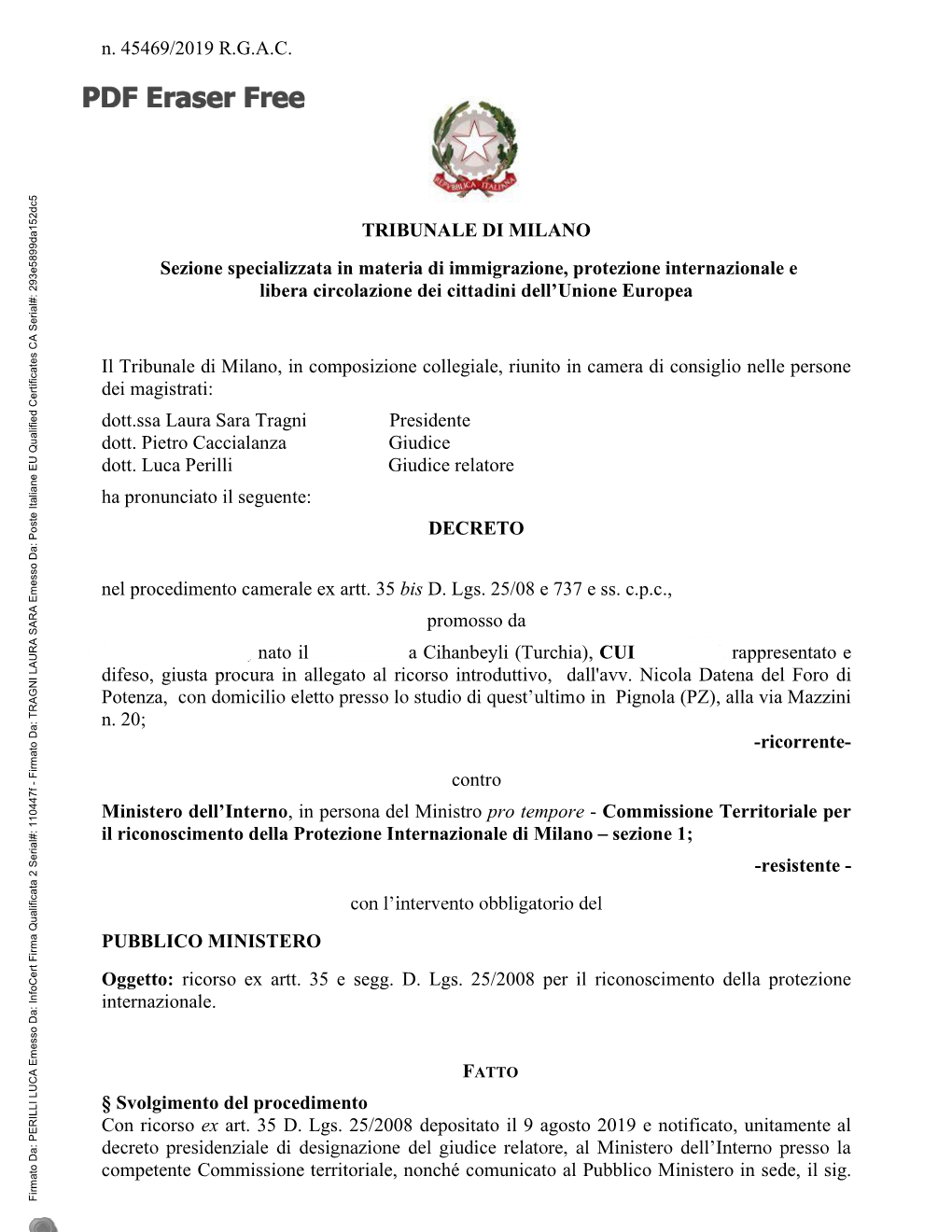 N. 45469/2019 R.G.A.C. TRIBUNALE DI MILANO Sezione Specializzata