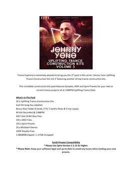 Johnny Yono Uplifting Trance Construction Kits Vol 3’ Featuring Another 20 Top Trance Construction Kits