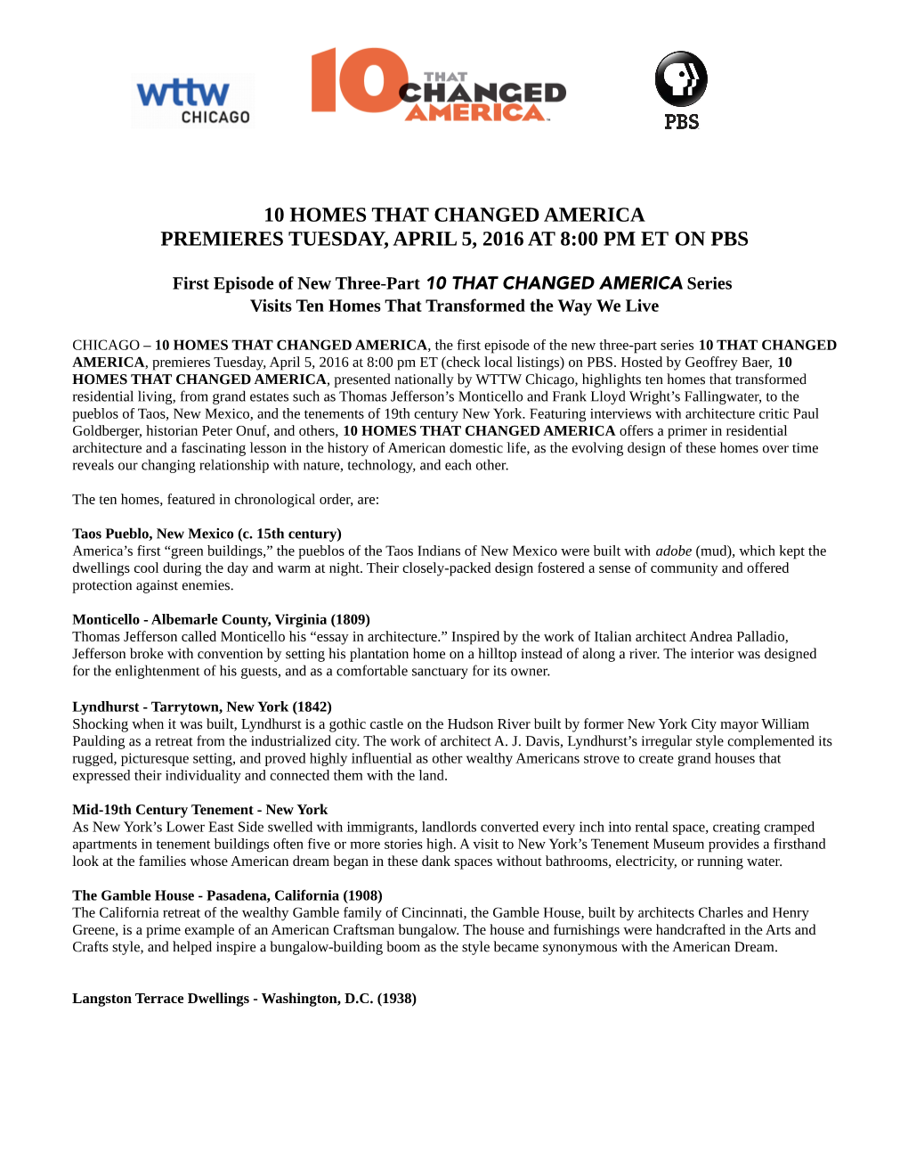 10 Homes That Changed America Premieres Tuesday, April 5, 2016 at 8:00 Pm Et on Pbs