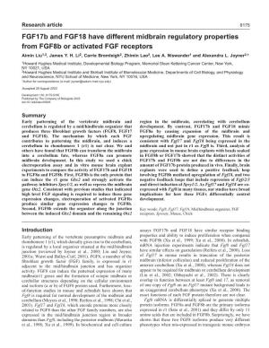 Fgf17b and FGF18 Have Different Midbrain Regulatory Properties from Fgf8b Or Activated FGF Receptors Aimin Liu1,2, James Y
