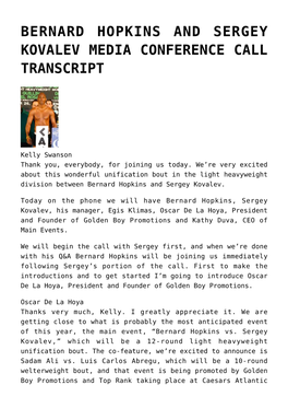 Bernard Hopkins and Sergey Kovalev Media Conference Call Transcript