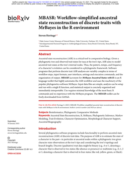 Workflow-Simplified Ancestral State Reconstruction of Discrete Traits with Mrbayes in the R Environment