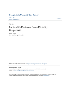 Ending-Life Decisions: Some Disability Perspectives Mary Crossley University of Pittsburgh School of Law