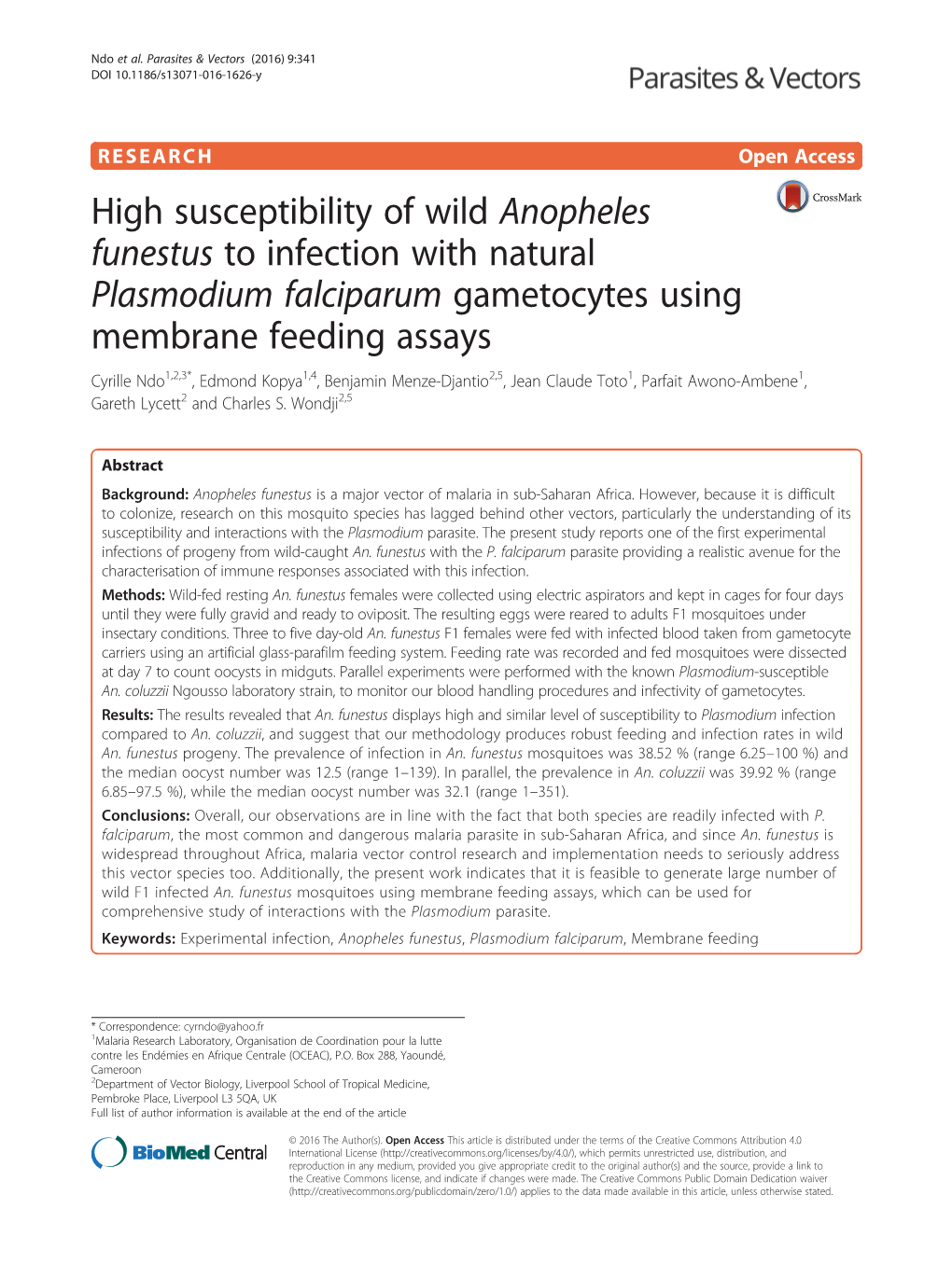 High Susceptibility of Wild Anopheles Funestus to Infection with Natural