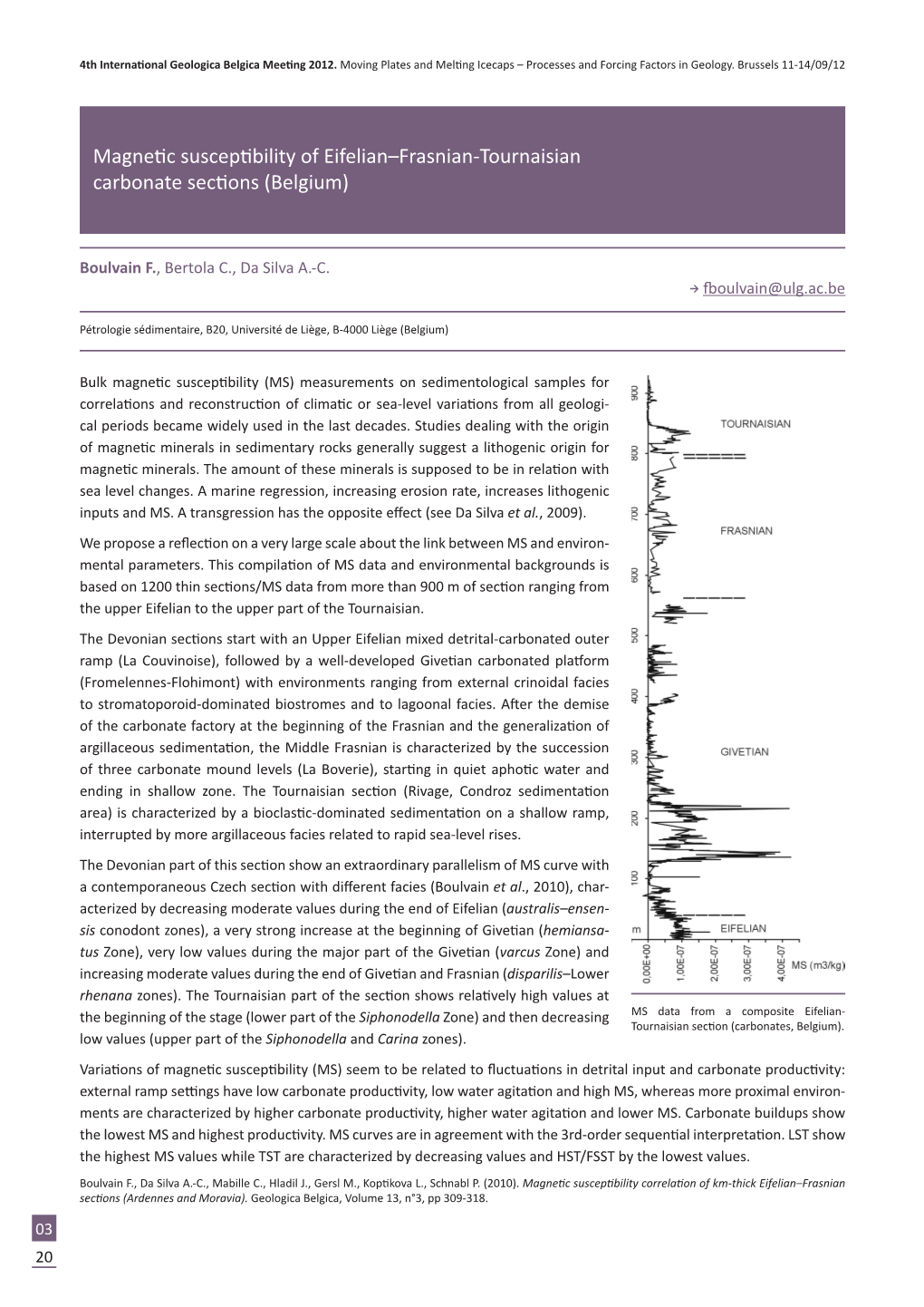 Magnetic Susceptibility of Eifelian–Frasnian-Tournaisian Carbonate Sections (Belgium)