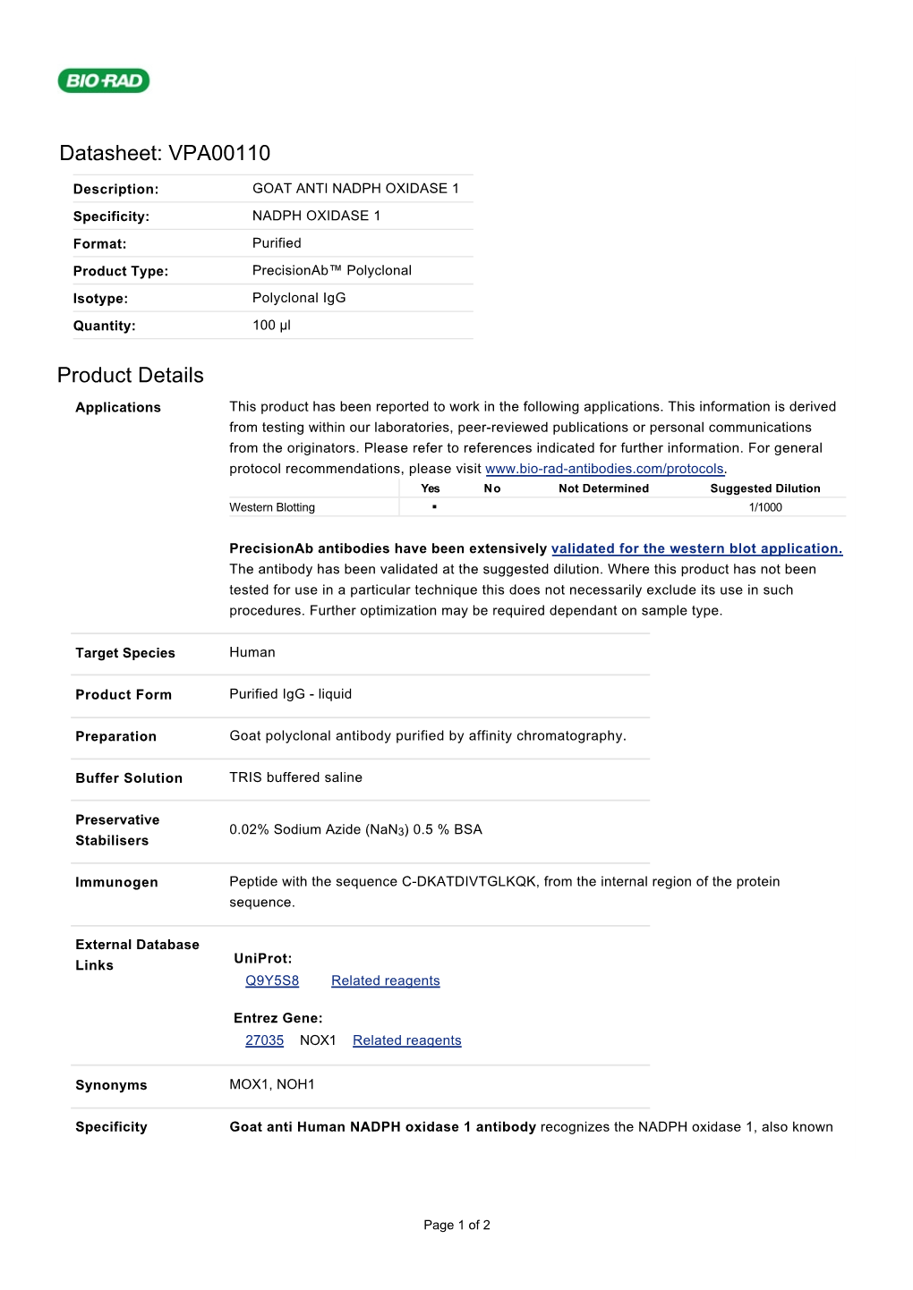 Datasheet: VPA00110 Product Details