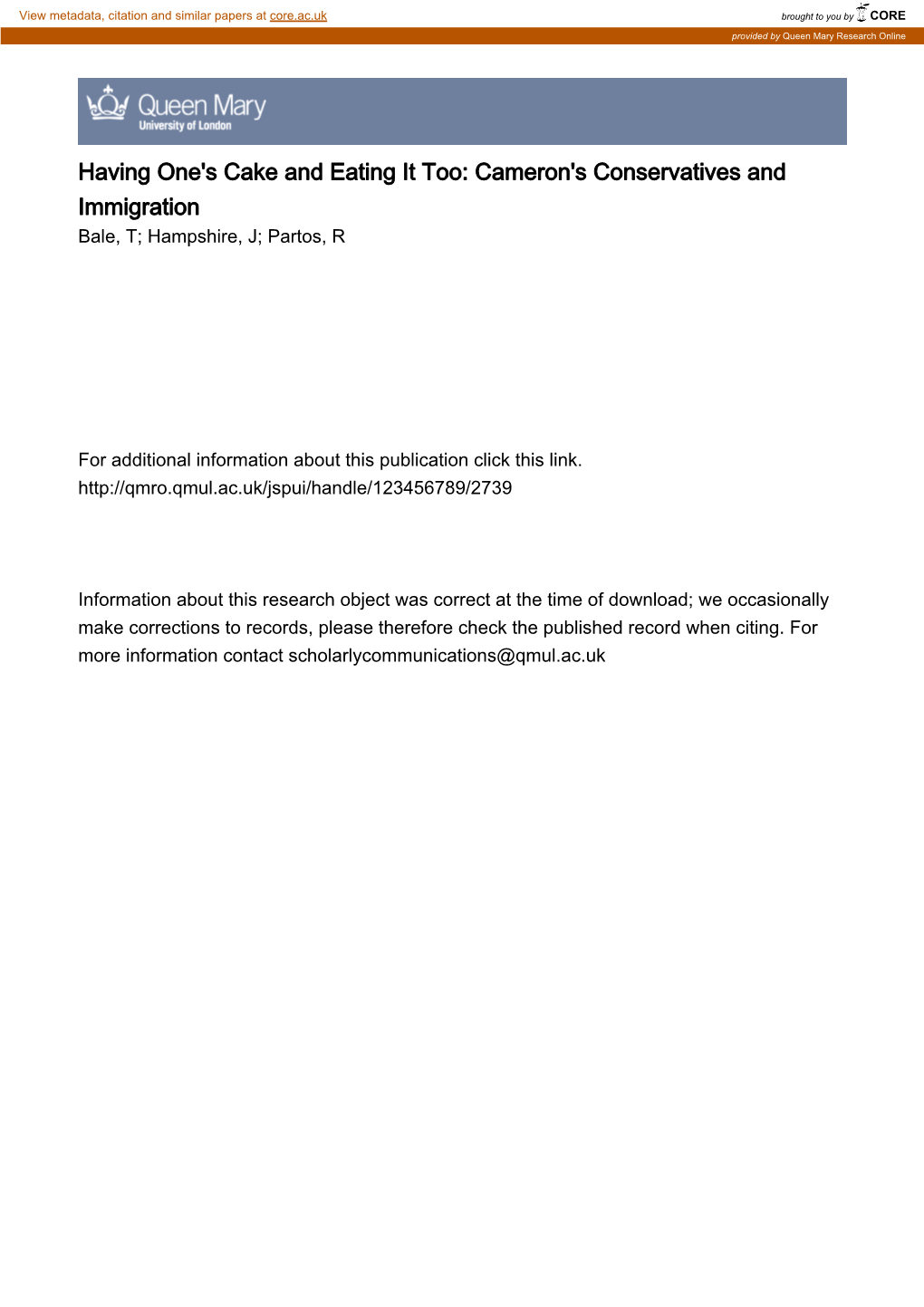 Cameron's Conservatives and Immigration Bale, T; Hampshire, J; Partos, R