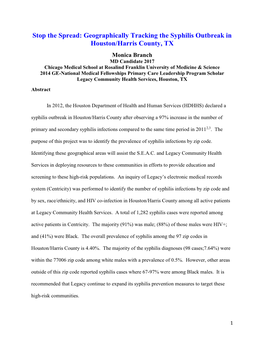 Geographically Tracking the Syphilis Outbreak in Houston/Harris County, TX