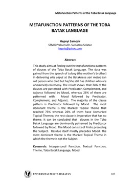 Metafunction Patterns of the Toba Batak Language