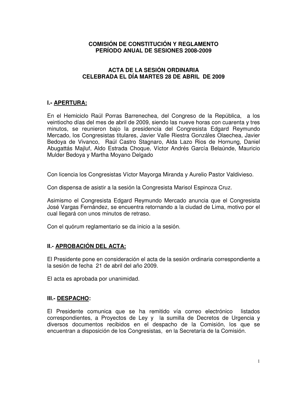Comisión De Constitución Y Reglamento Período Anual De Sesiones 2008-2009